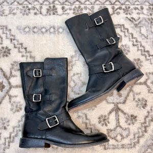 Frye black Philip buckle leather boots